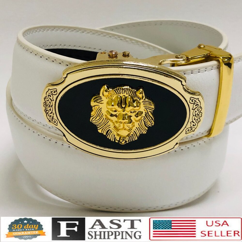 Fashion Leather Gold Slide White Men's Belt Automatic‎ Buckle Jeans Dress Lion